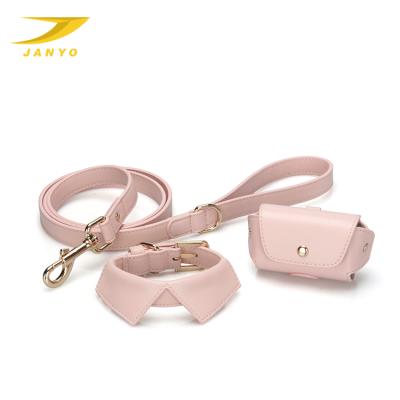 China High Quality PU Dog Collar Leash Viable Leather Pet Collar Leash Set With Poop Bag Holder for sale