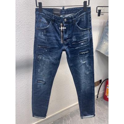 China Pencil pants 2023 new D2 jeans fashion men's jeans shape slim fit light color broken hole patch paint ink micro elastic broken pants for sale