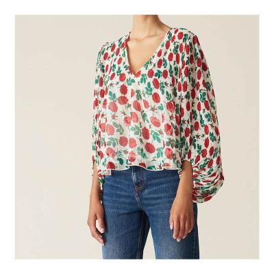 China 2021 QUICK DRY Fashion Women Clothes Long Sleeve Chiffon Floral Pleated Lantern Floral Lantern Print Long Sleeve V-Neck Blouses Tops Womens Tops Ladies for sale