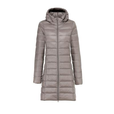 China 2022 light and comfortable autumn and winter light fit ultra light women's jacket light down long warm down coat hooded fluffy hat can be removed for sale