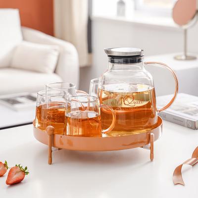 China Sustainable Household Bososilicate Glass Teapots Sets Coffee Tea Cup Teapot Set With Cups And Tray Stainless Steel Sealing Lid Kettle Set for sale