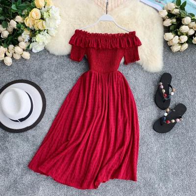 China Anti-wrinkle women plaid slash neck off the shoulder solid ruffles high waist dress summer a-line dresses for sale