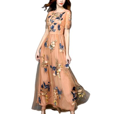 China 2022 New Summer Lace Gauze Skirt Long High-waisted Washable Elegant Skirt Women's Embroidery Dress for sale