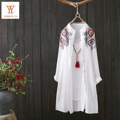 China QUICK DRY Chinese People Style Embroidery Shirt Women Long Stand Collar Loose Long Sleeve Cotton Blouse Tops Plus Size M-3XL T16612X for sale