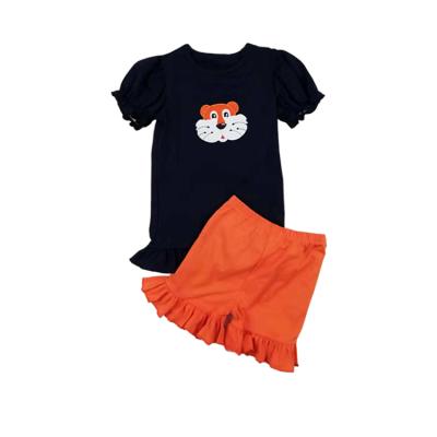 China Puresun New Design Casual/Comfortable Boutique Outfits Wholesale Cute Kids Clothes Tiger Applique Girls Clothing for sale