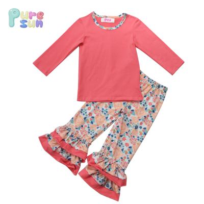 China Adorable pink children's boutique outfits casual/comfortable warm sale fall and winter ruffle floral pants babies clothing for sale