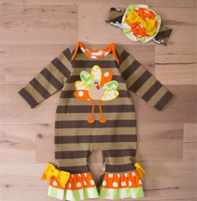 China Causul Dress Lovely Baby Girls Soft Cotton Ruffle Stripe Appliqued Turkey Thanksgiving Infant Rompers for sale