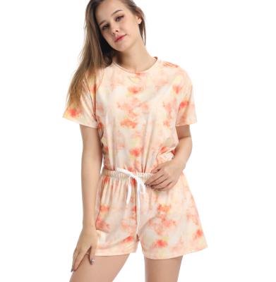 China Breathable High Quality Summer Tie Dye Amenities Women Tee And Short Set Custom Design Print Sleepwear Home Wear Pajamas for sale