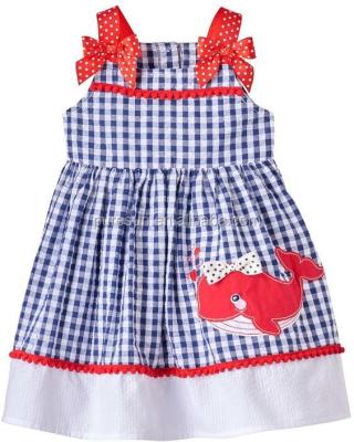 China 2018 wholesale casual/comfortable cotton boutique bead dresses whale applique girls kids summer cotton seersucker gingham dress babies for sale