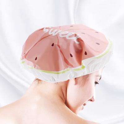 China Cute HZM-20020 Cartoon Fruit Shower Cap Wholesale Shampoo Cap Anti Stocked Carbon Black Cap for sale