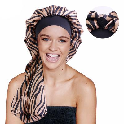 China HZM-19269 Character Zebra Print Satin Hood Extra Long Silky Sleep Hat For Loose Braids Hair Hat With Button for sale