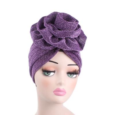 China Women's Flower Head Wrap Turban HZO-18098 Large Shiny Beanie Bonnet Cap Chemo Cap for sale