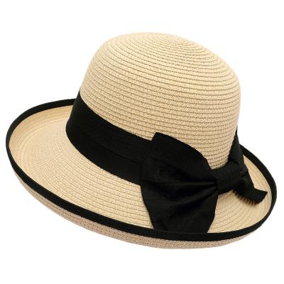 China HZM-18235 Character Women Wide Brim Beach Hat Bowknot Summer Sun Straw Hat for sale