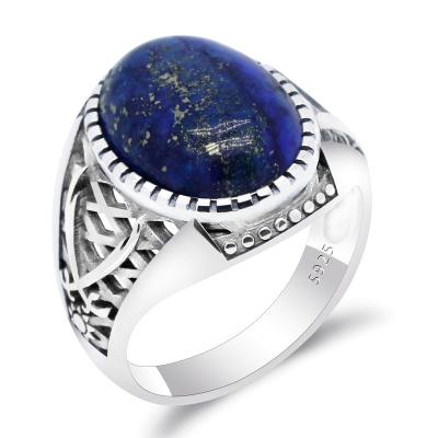 China Men Ring Islamic Double Swords Ring CLASSIC 925 Sterling Silver Natural Lapis Stone For Male Women Muslim Religious Fine Jewelry Gift for sale