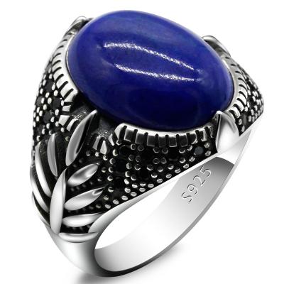 China CLASSIC Color Men Rings 925 Sterling Silver Oval Natural Lapis Lapis Black CZ Rings Vintage Design Black For Male Women Antique Silver Jewelr for sale