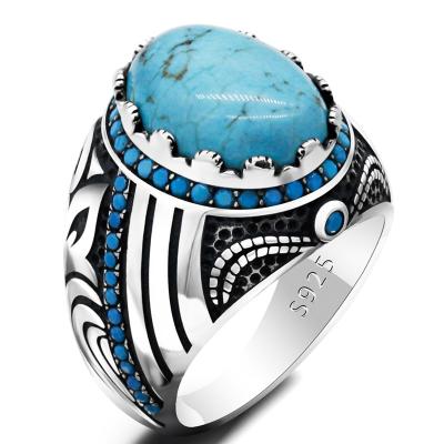 China CLASSIC Turquoise Ring For Men 925 Rings Lucky Jewelry Male Women Gift Handmade Turkish Sterling Silver Vintage Blue Gem Stone for sale