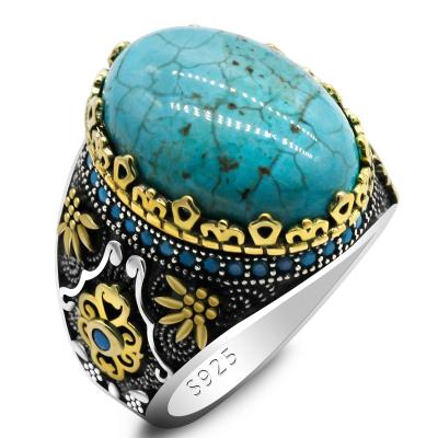 China CLASSIC Brand New 925 Sterling Silver Men's Turquoise Ring, Vintage Engraving Design, With Blue Zircon Punk Rock Male CZ Ring for sale