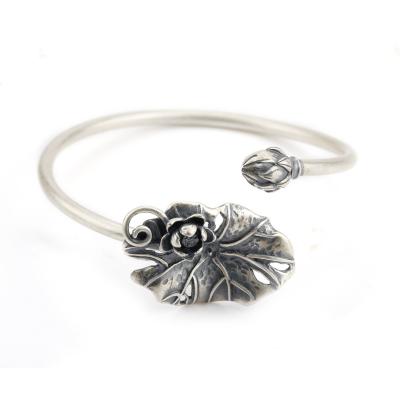 China European Style 925 Sterling Silver Opening Bangle Vintage Resizable/Adjustable Ink Painting Lotus With Leaves Bangle Jewelry For Gifts for sale