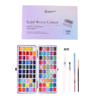 China Amazon Paint 100 Colors Non-Toxic Travel Portable Solid Dye Safe Watercolor Paints Set With Refillable Water Brush Pens for sale