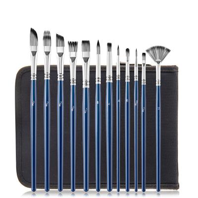 China 12pcs Nylon Watercolor Brush Flat Head and Long Wood Handle Art Brush for Acrylic Paint Brush Set for sale