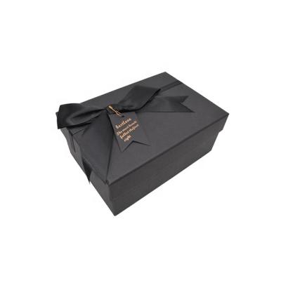 China Birthday Recyclable Black Paper Gift Box With 2 Pieces Box Style Ribbon Bowknot Decoration Lid And Base for sale