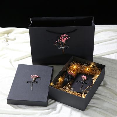 China Recyclable Custom Printing Perfume Paper Box Packaging Christmas Gift Black High End Cardboard Box With Paper Bag for sale