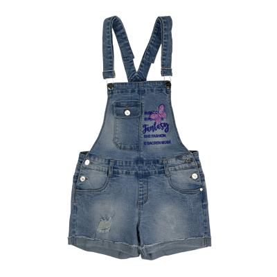 China Breathable Purple Print Suspenders Custom Baby Outfits For 8-13 Years Old Denim Shorts for sale