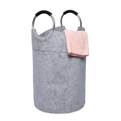 China Eco-Friendly Wool Felt Collapsible Laundry Hamper With Easy Carry Extended Handles Round Felt Storage Collapsible Hamper for sale