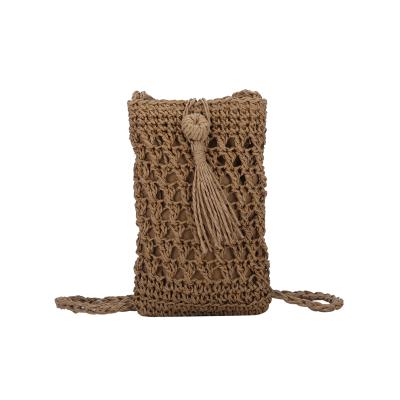 China 2021 Fashion Anti-fall Knitted Cell Phone Woven Bag For iPhone Purse Raffia Straw Mobile Phone Hollow Pouch for sale