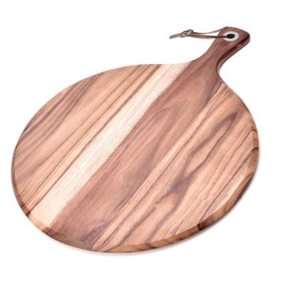 China Large Small Sustainable Natural Hanging Thick Round Black Acacia Hardwood Pizza Chopper Wooden Cutting Board With Handles for sale