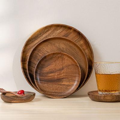 China Nordic Hot Selling Food Fruit Portion Charger Dish Cheap Round Acacia Rubber Solid Wooden Wooden Dish Viable Wholesale for sale