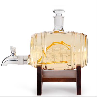 China Wine barrel factory directly sell cheap unique antique hand made 1000ml blown barrel shaped wine glass decanter with wooden stand for sale