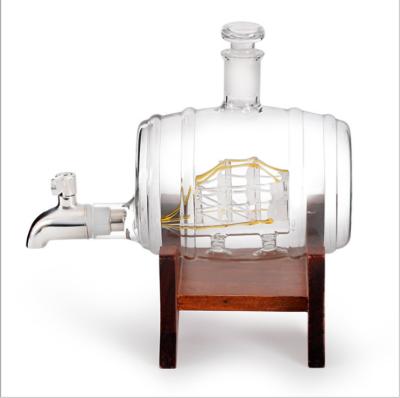 China Cheap Unique Antique Wine Barrel China Supplier 1000ml Hand Made Blown Barrel Shaped Wine Glass Decanter With Wooden Stand for sale