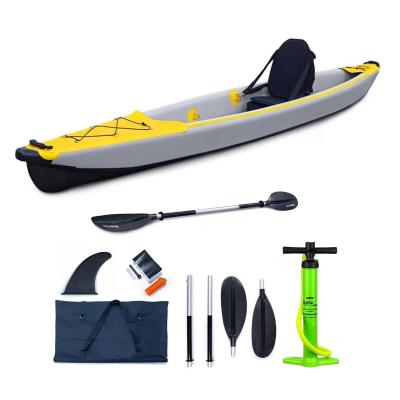 China PVC & Factory Customized Drop Stitch Fishing Canoe Rowing Boat 2 Layers Drop Stitch Inflatable Kayak With Detachable Fin for sale