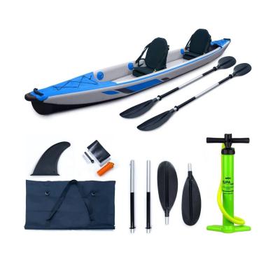 China PVC & Drop Stitch Factory Customized Fishing Canoe Rowing Boat 2 People Inflatable Kayak With Detachable Fin for sale