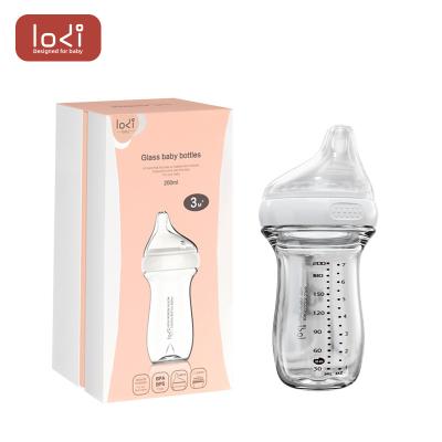 China BPA Free Wide caliber Borosilicate Glass Bottle Dual exhaust milk feeding Bottle with Deviation from center silicone nipple Newborn Baby for sale