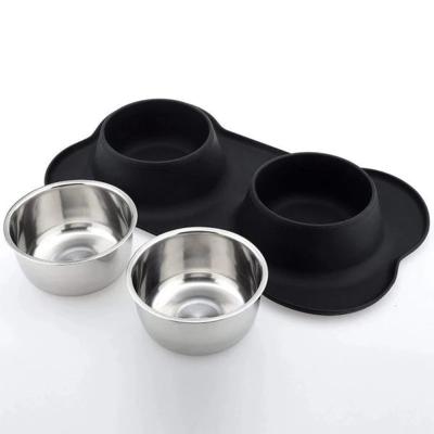 China Customized Viable Designer Portable Travel Silicone Dog Bowl Raised Double Stainless Steel Pet Bowls for sale