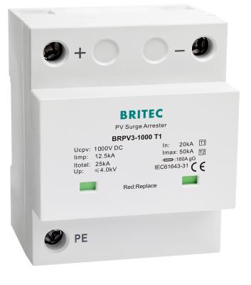 China BRPV3-1000 T1 12.5kA PV Surge Arrester 50ka DC 1000V Spd Solar surge protection t1 t2 dc Photovoltaic for sale