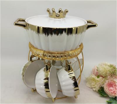 China Viable Luxury Ceramic Soup Tureen Porcelain Soup Pot and Bowl Set 4 Color Sets with Stand for sale