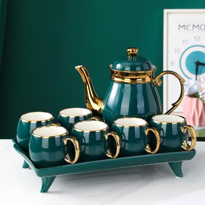 China Sustainable European Luxury Ceramic Teapot Set Cup Gold Rim Afternoon Tea Set Gift Box Porcelain Tea Sets With Tray for sale