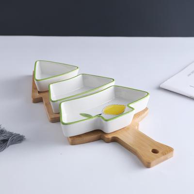 China Christmas Tree Snack Viable Serving Dish With Bamboo Ceramic Tray Dessert Appetizer Trays Divided Dish for sale