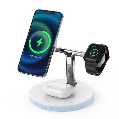 China Magnetic Connector Match Different Models Desktop 3 Magnetic In 1 Desktop Charging Station Qi Certified Wireless Charger For Phone Watch Headphone for sale