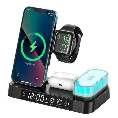 China RBG Small Night Light RGB Night Lamp 15W Output 4 in 1 Wireless Phone Charger Stand with Airpods Pro LED Display Max Fast Wake Up Charging for sale