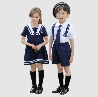 China School Customized Primary School Uniform Design 2 Piece Short Sleeve White Shirt Student Dress for sale