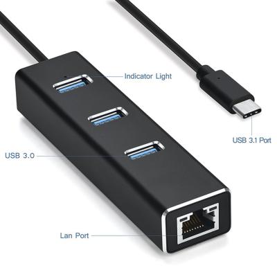 China Doonjiey factory outlet type C 3*USB3.0 high-speed mobile devices .desk hub computer with 1* RJ45 Gigabit Ethernet Lan USB Port adapter USB connector for sale