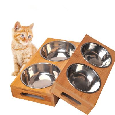 China Stainless Steel Cat Dog Utility Double Bowl Pet Cat Bowl Bear Bamboo Plate Wooden Double Bowl Durable Natural Viable Safety for sale