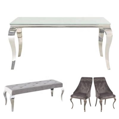 China Louis White Dining Modern Table 160cm with 4 Gray Velvet Chairs and 1 bench - mirrored legs for sale