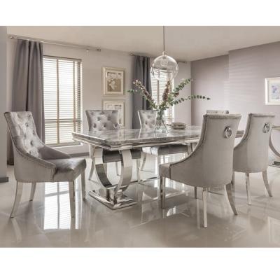 China Modern Gray Marble and Polished Steel 200cm Dining Table, with 6 Gray Crushed Velvet Knocker Back Dining Chairs for sale