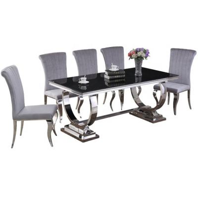 China Louis Modern 1.6m Curved Chrome Black Glass Dining Table Leg And 6 Black Chairs for sale