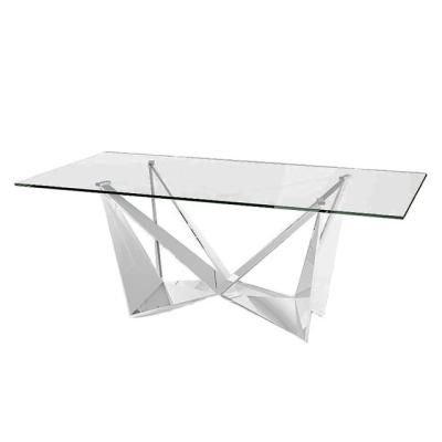 China Modern tempered glass and polished stainless steel dining table 200cm for sale